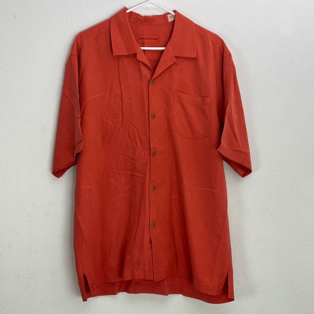 Tommy Bahama Mens Jacquard Silk Camp Shirt Large Orange Short Sleeve Button Up